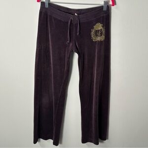 Y2K JUICY COUTURE women's dark purple gold velour graphic lowrise flare pants, L